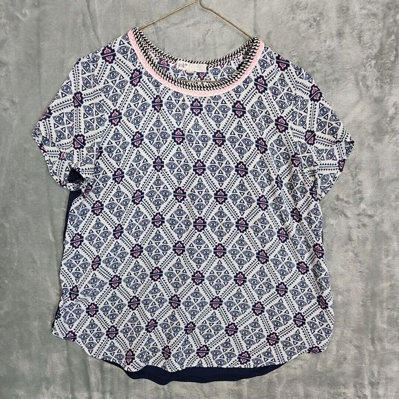 Jolt womens top Med poly rayon blue white pink geometric - Picture 1 of 10